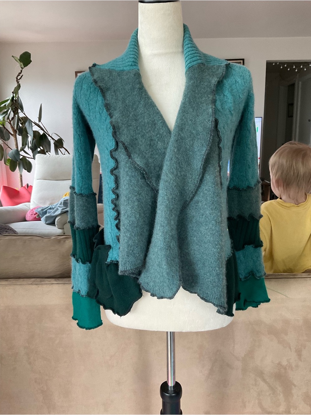 🌲Cyndi Buck Design Upcycled Wool Patchwork Ruffle Cardigan S/M Boho Artsy